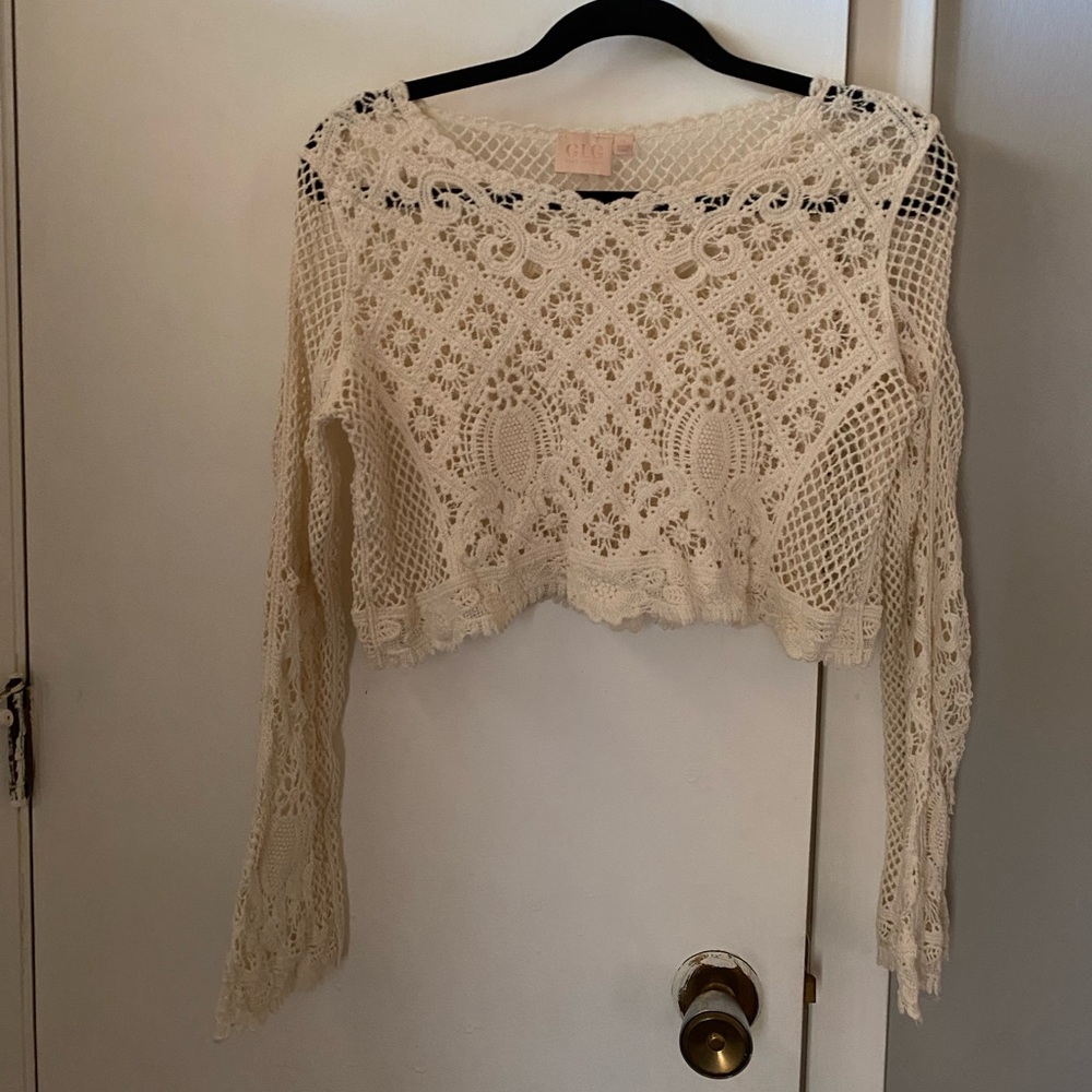 Cropped Cream Crochet Lace Top